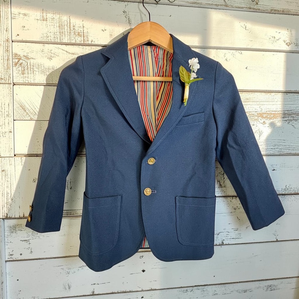 Vintage Blazer 8/10 Kids Navy Blue Textured Gold Crest Buttons Preppy Ivy Twee